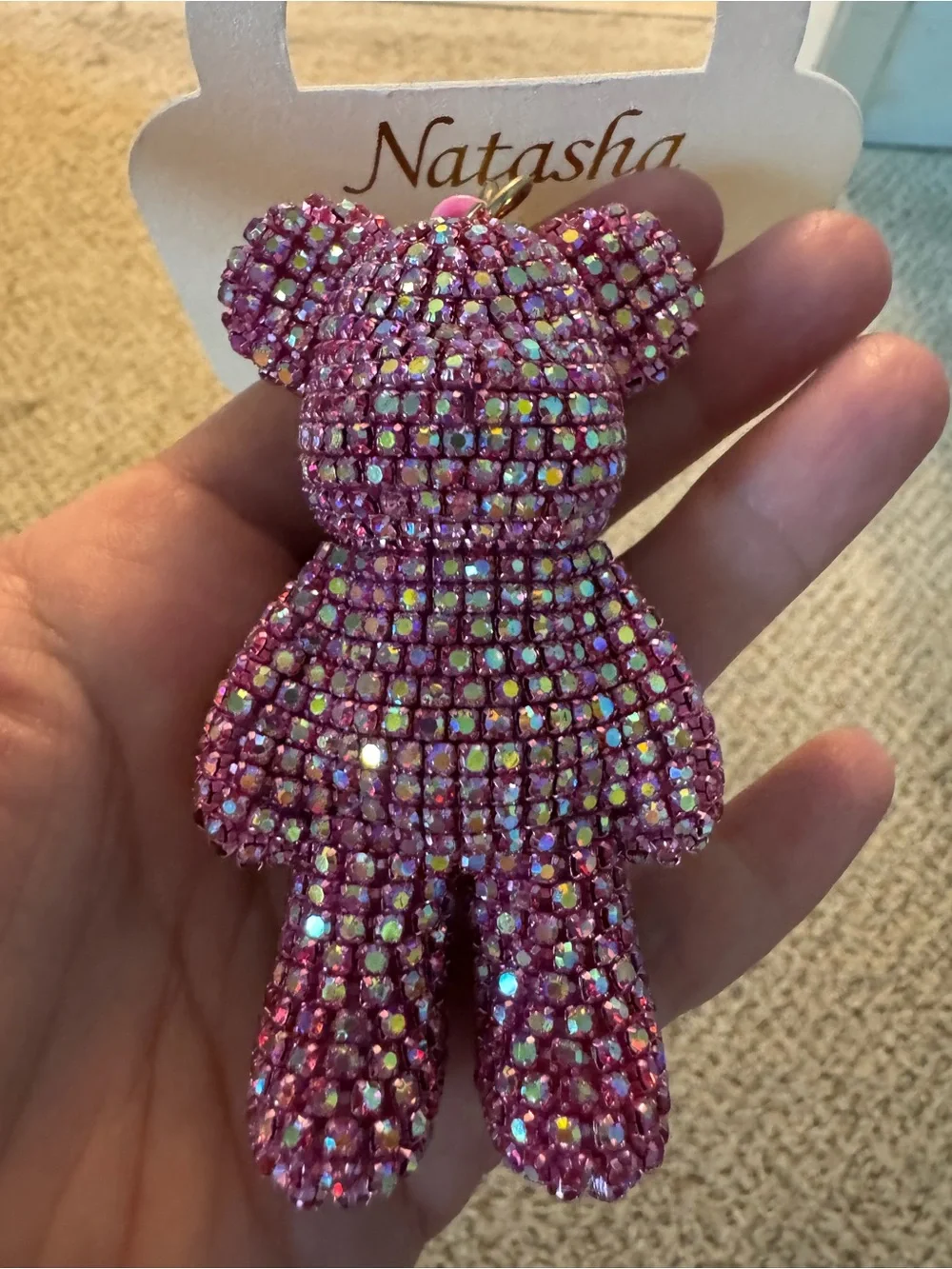 NWT Natasha Couture Pink Crystal Teddy Keychain with Braided Loop Bag Charm